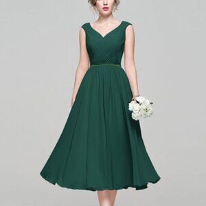 A-line V-Neck Tea-Length Chiffon Charmeuse Cocktail Dress With Ruffle